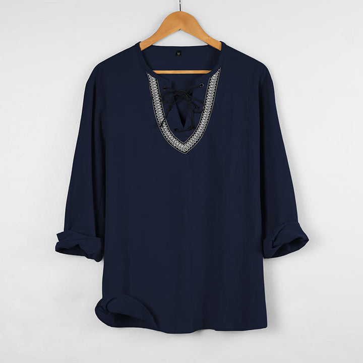 Buddha Stones Solid Color Fall Lace-up Men's V-Neck Long Sleeve Cotton Shirt - SteelBlue - US/UK/AU46，EU56 (3XL) - image 4