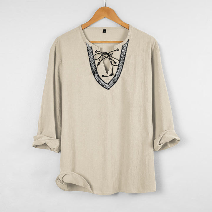 Buddha Stones Solid Color Fall Lace-up Men's V-Neck Long Sleeve Cotton Shirt - Beige - US/UK/AU46，EU56 (3XL) - image 9