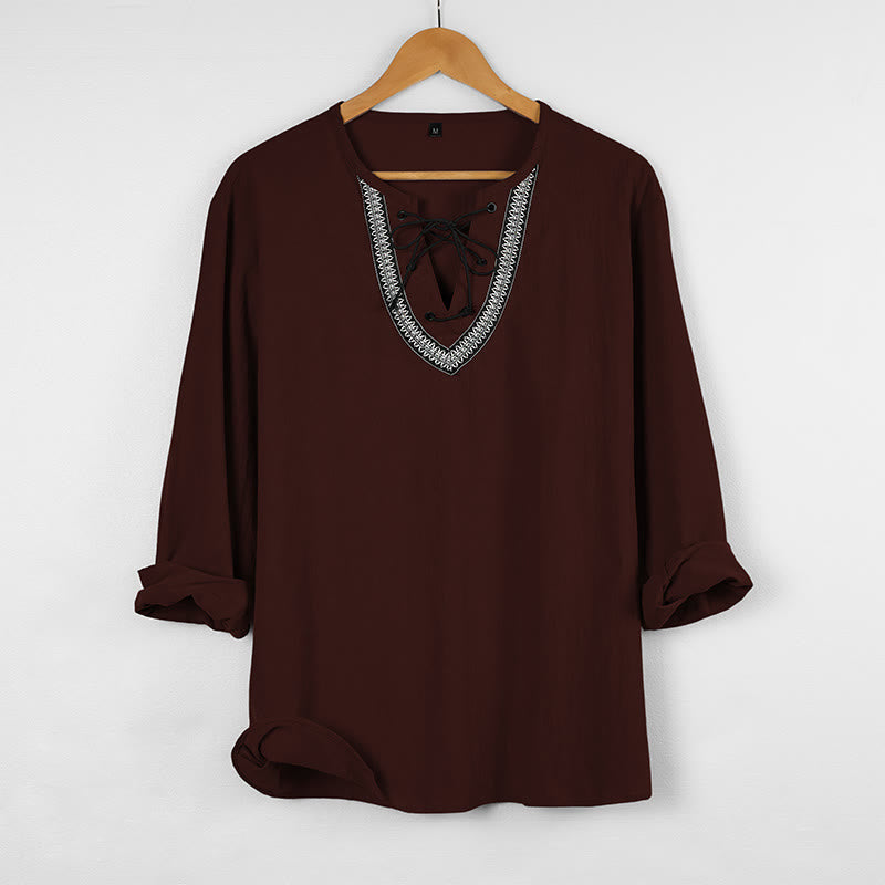 Buddha Stones Solid Color Fall Lace-up Men's V-Neck Long Sleeve Cotton Shirt - SaddleBrown - US/UK/AU46，EU56 (3XL) - image 6
