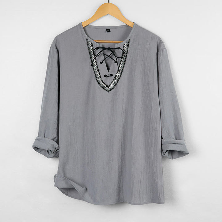Buddha Stones Solid Color Fall Lace-up Men's V-Neck Long Sleeve Cotton Shirt - LightGrey - US/UK/AU46，EU56 (3XL) - image 7