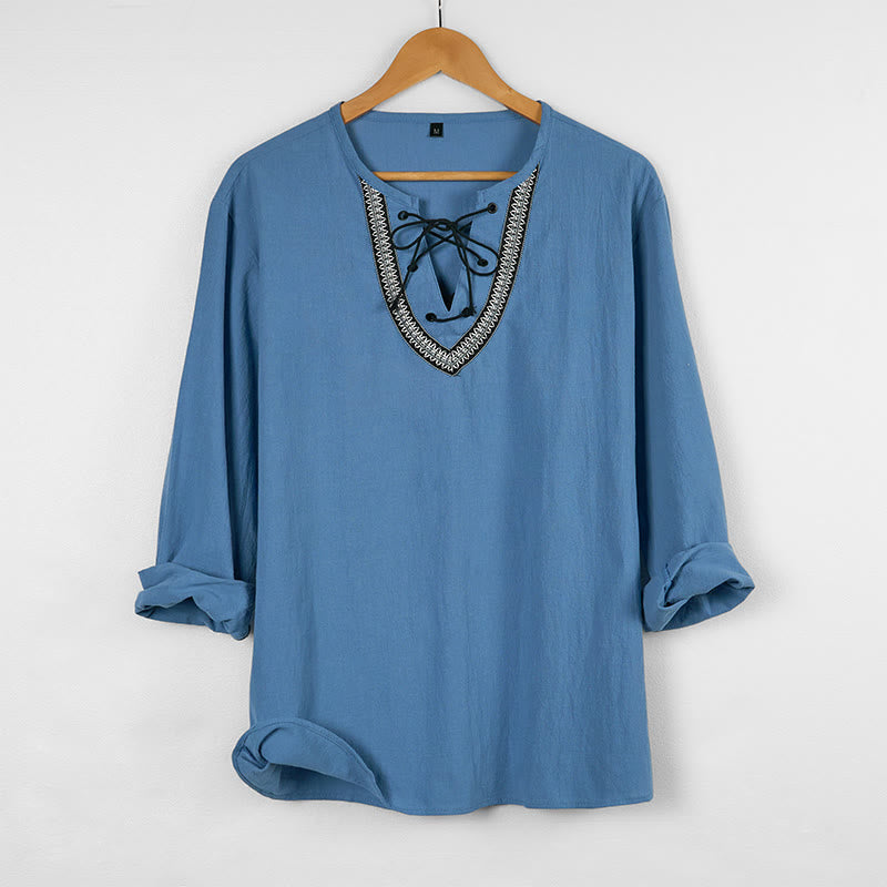 Buddha Stones Solid Color Fall Lace-up Men's V-Neck Long Sleeve Cotton Shirt - SkyBlue - US/UK/AU46，EU56 (3XL) - image 1