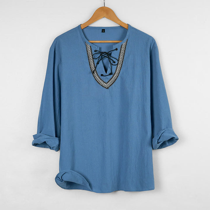 Buddha Stones Solid Color Fall Lace-up Men's V-Neck Long Sleeve Cotton Shirt - SkyBlue - US/UK/AU46，EU56 (3XL) - image 1