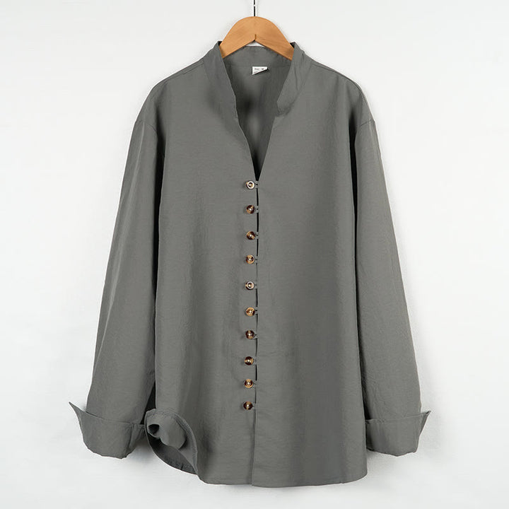 Buddha Stones Solid Color Buttons Fall Long Sleeve Linen Men's Shirt - Gray - US/UK/AU46，EU56 (3XL) - image 1