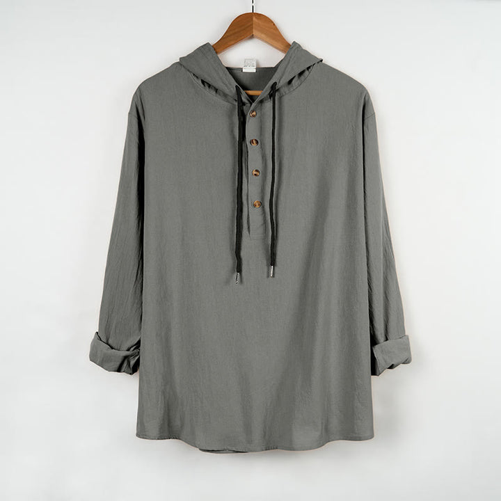 Buddha Stones Solid Color Fall Half Buttons Men's Hooded Long Sleeve Cotton Shirt - DarkGray - US/UK/AU46，EU56 (3XL) - image 10