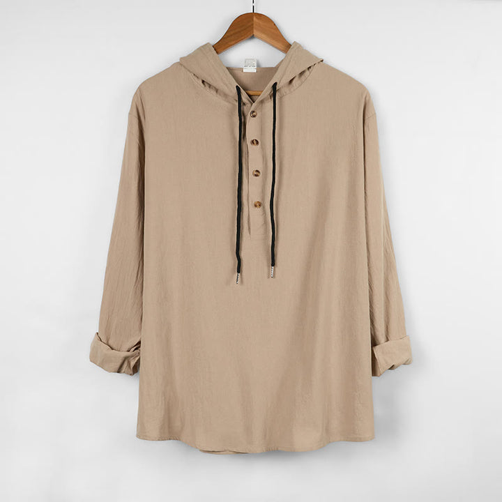 Buddha Stones Solid Color Fall Half Buttons Men's Hooded Long Sleeve Cotton Shirt - Beige - US/UK/AU46，EU56 (3XL) - image 12