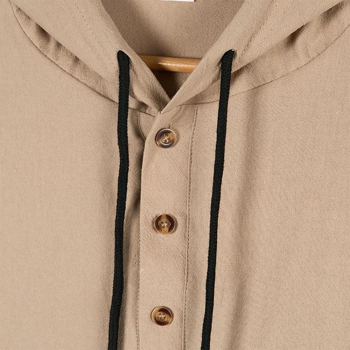 Buddha Stones Solid Color Fall Half Buttons Men's Hooded Long Sleeve Cotton Shirt - image 13