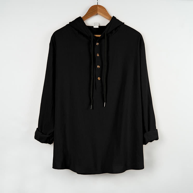 Buddha Stones Solid Color Fall Half Buttons Men's Hooded Long Sleeve Cotton Shirt - Black - US/UK/AU46，EU56 (3XL) - image 7