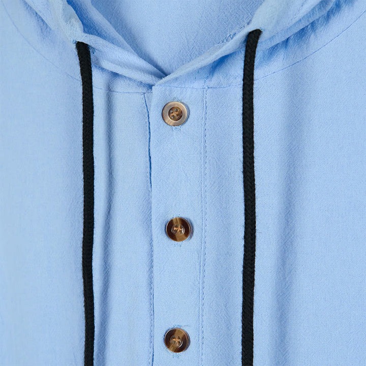 Buddha Stones Solid Color Fall Half Buttons Men's Hooded Long Sleeve Cotton Shirt - image 4