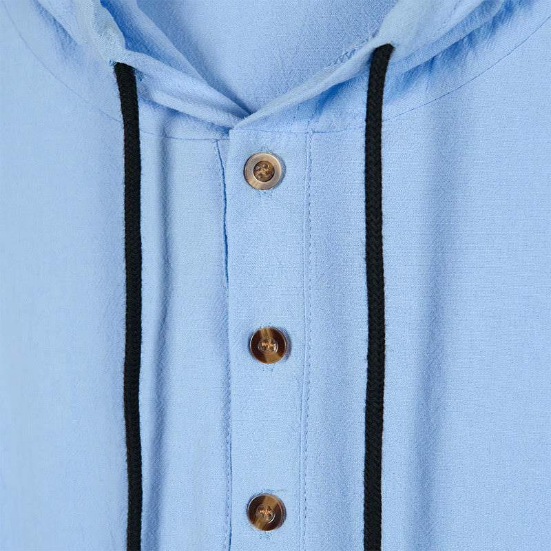 Buddha Stones Solid Color Fall Half Buttons Men's Hooded Long Sleeve Cotton Shirt - image 3