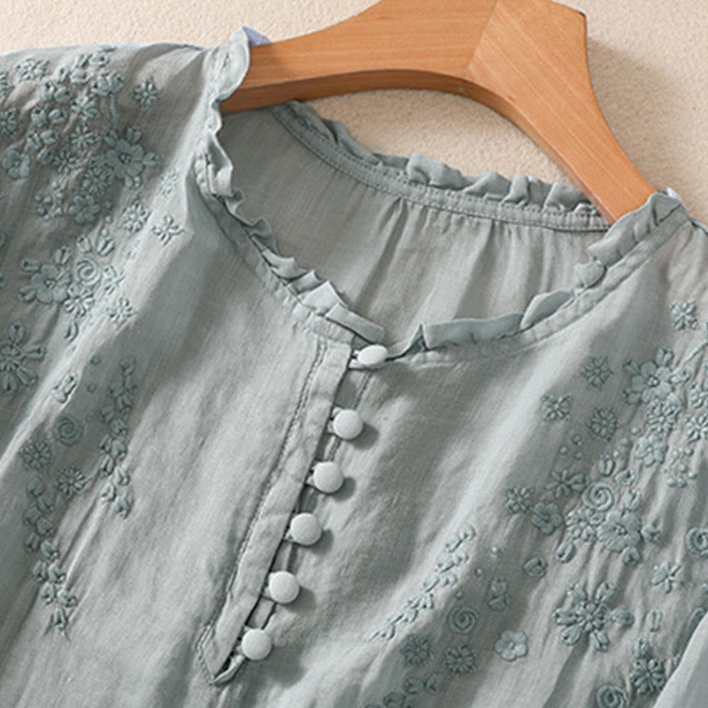 Buddha Stones Casual Plain Button Floral Embroidered Design Puff Half Sleeve Cotton Linen Women's Shirt - image 4
