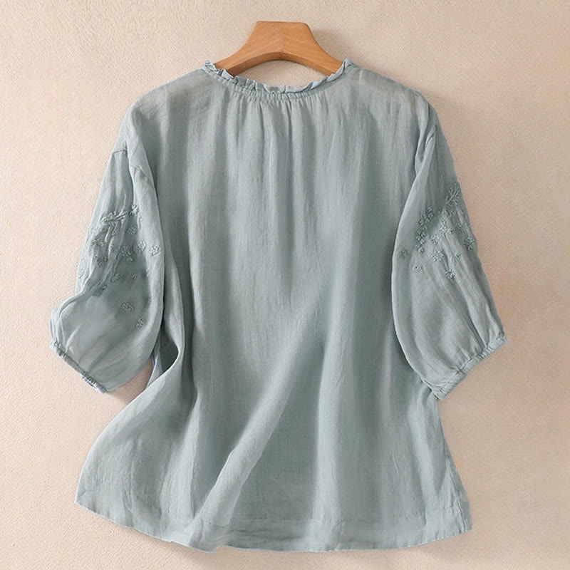 Buddha Stones Casual Plain Button Floral Embroidered Design Puff Half Sleeve Cotton Linen Women's Shirt - image 2