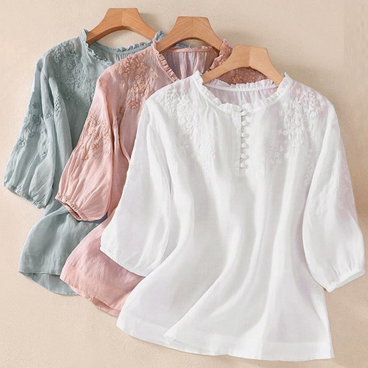 Buddha Stones Casual Plain Button Floral Embroidered Design Puff Half Sleeve Cotton Linen Women's Shirt - image 21