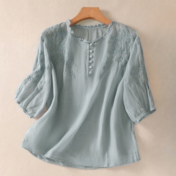 Buddha Stones Casual Plain Button Floral Embroidered Design Puff Half Sleeve Cotton Linen Women's Shirt - LightBlue - US8-10，UK/AU12-14，EU40-42 (2XL) - image 1