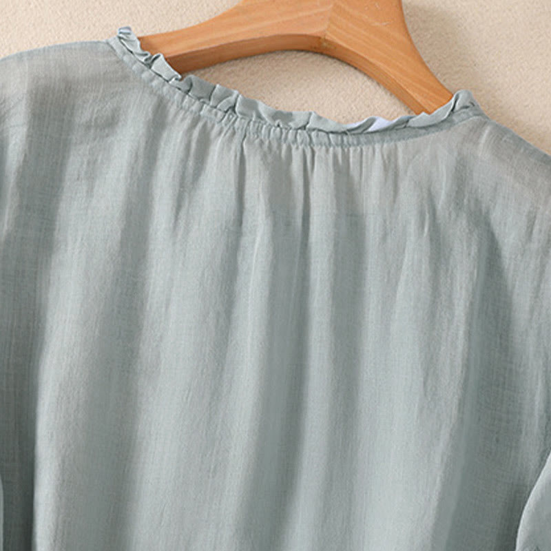 Buddha Stones Casual Plain Button Floral Embroidered Design Puff Half Sleeve Cotton Linen Women's Shirt - image 3