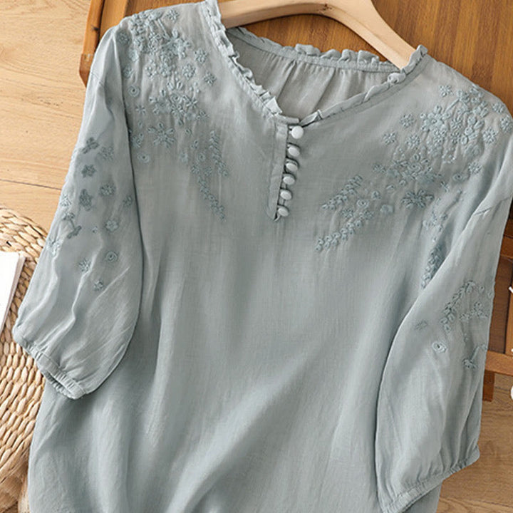 Buddha Stones Casual Plain Button Floral Embroidered Design Puff Half Sleeve Cotton Linen Women's Shirt - image 5