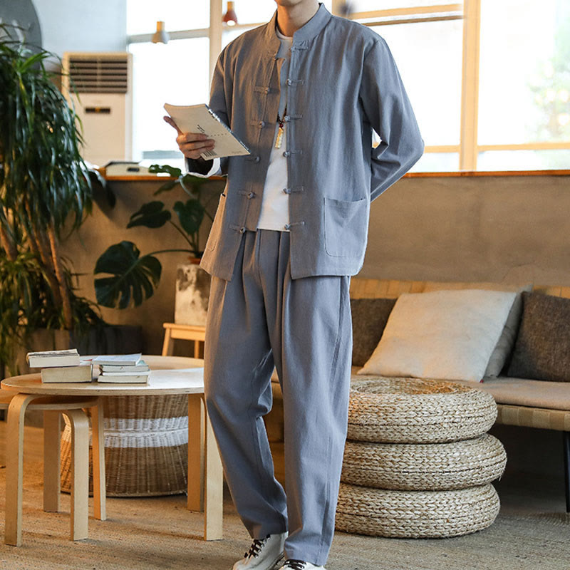 Buddha Stones 2Pcs Zen Tang Suit Men's Frog-Button Long Sleeve Shirt Pants Set With Pockets - image 2