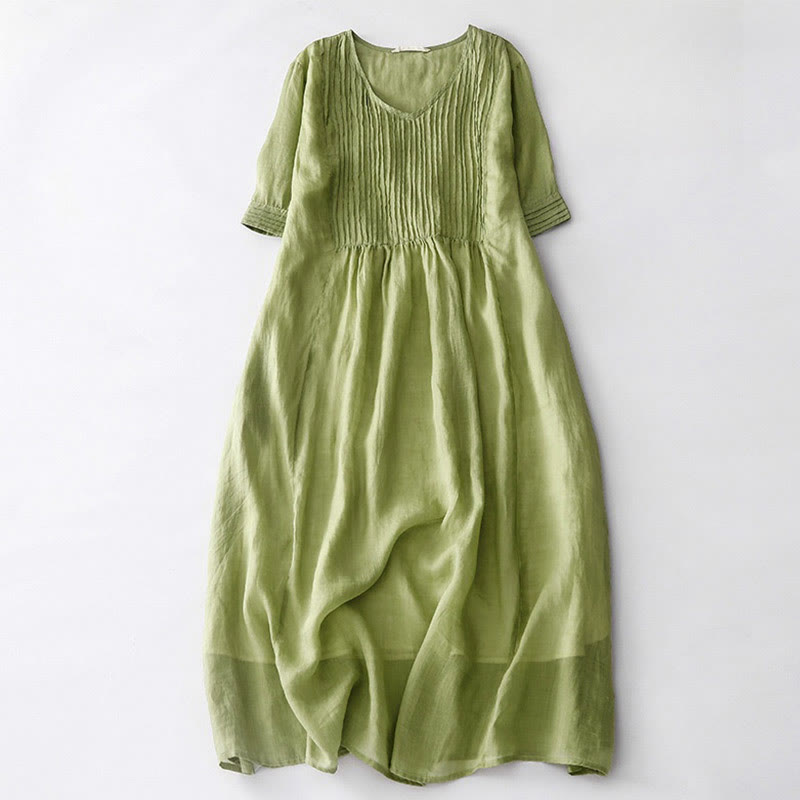 Buddha Stones Casual Accordion Pleat Plain V-neck Short Sleeve Cotton Midi Dress With Pockets - YellowGreen - US14，UK/AU18，EU46 (2XL) - image 12
