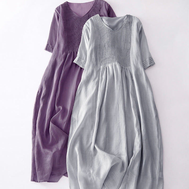 Buddha Stones Casual Accordion Pleat Plain V-neck Short Sleeve Cotton Midi Dress With Pockets - image 11