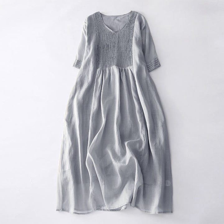 Buddha Stones Casual Accordion Pleat Plain V-neck Short Sleeve Cotton Midi Dress With Pockets - Silver - US14，UK/AU18，EU46 (2XL) - image 22