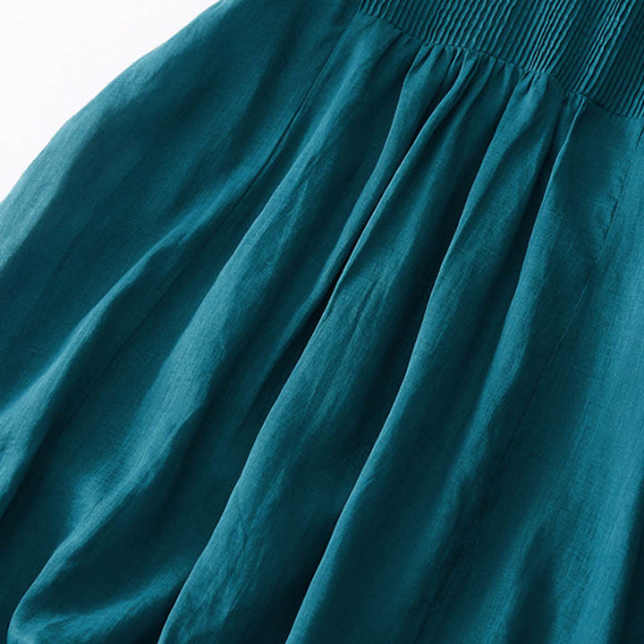 Buddha Stones Casual Accordion Pleat Plain V-neck Short Sleeve Cotton Midi Dress With Pockets - image 42
