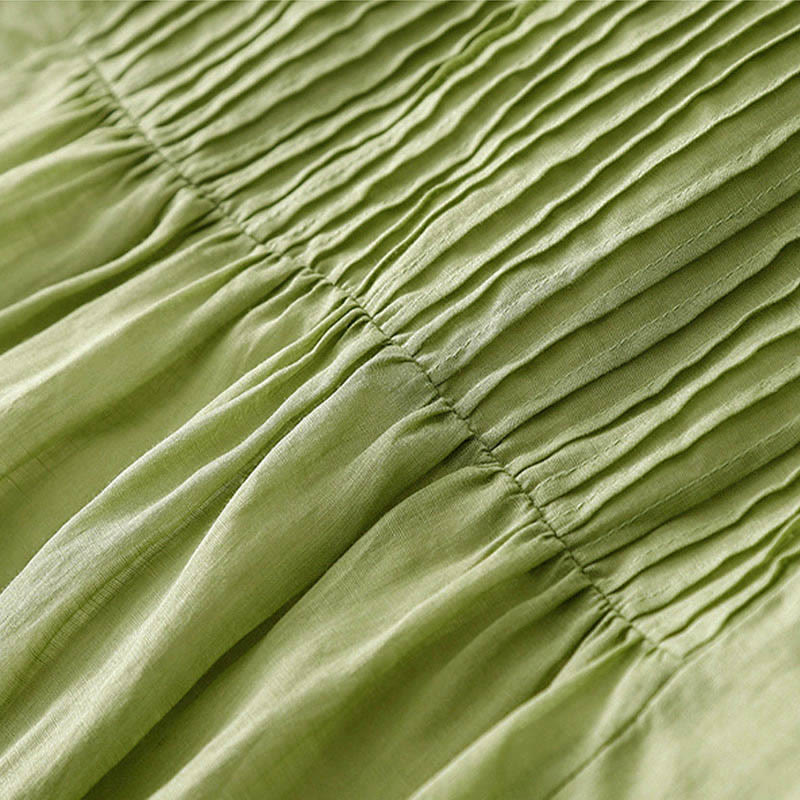 Buddha Stones Casual Accordion Pleat Plain V-neck Short Sleeve Cotton Midi Dress With Pockets - image 16