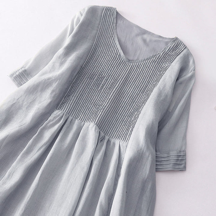 Buddha Stones Casual Accordion Pleat Plain V-neck Short Sleeve Cotton Midi Dress With Pockets - image 23