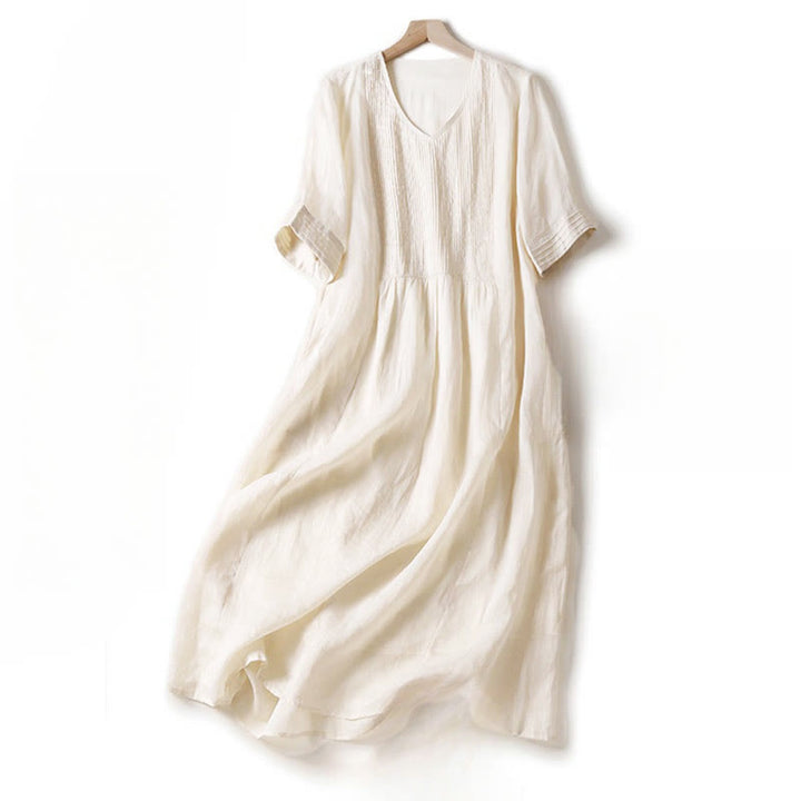 Buddha Stones Casual Accordion Pleat Plain V-neck Short Sleeve Cotton Midi Dress With Pockets - OldLace - US14，UK/AU18，EU46 (2XL) - image 30