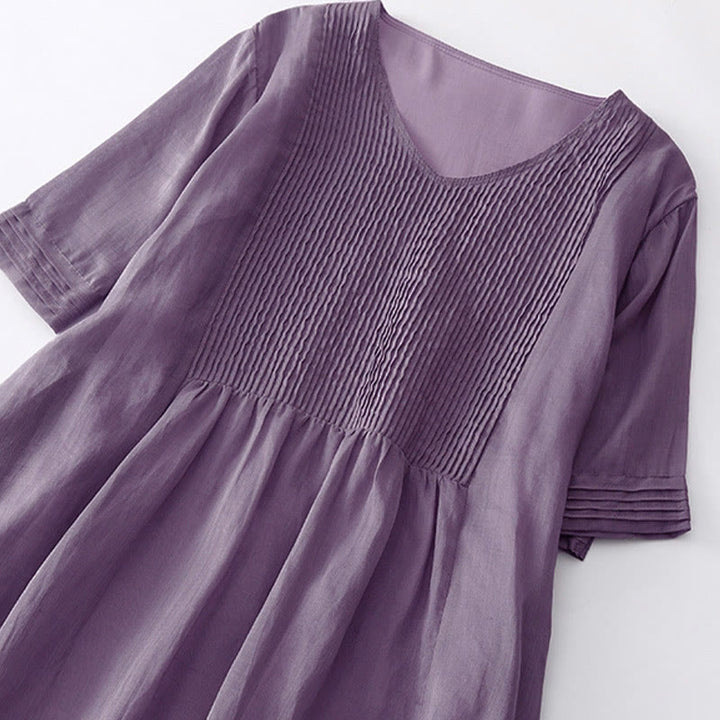 Buddha Stones Casual Accordion Pleat Plain V-neck Short Sleeve Cotton Midi Dress With Pockets - image 3