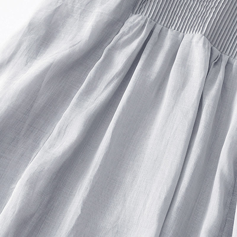Buddha Stones Casual Accordion Pleat Plain V-neck Short Sleeve Cotton Midi Dress With Pockets - image 26