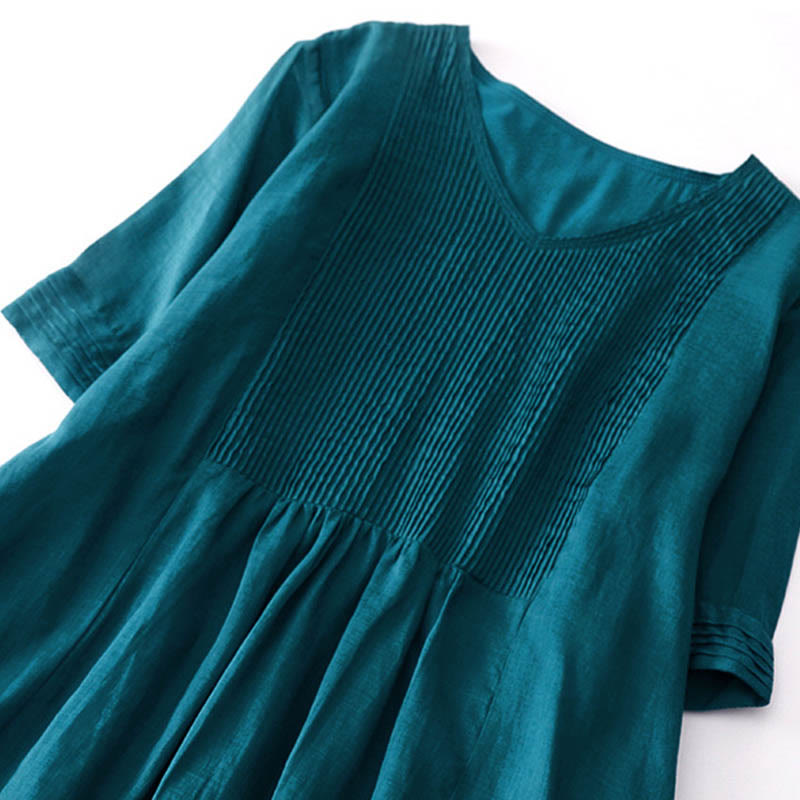 Buddha Stones Casual Accordion Pleat Plain V-neck Short Sleeve Cotton Midi Dress With Pockets - image 41