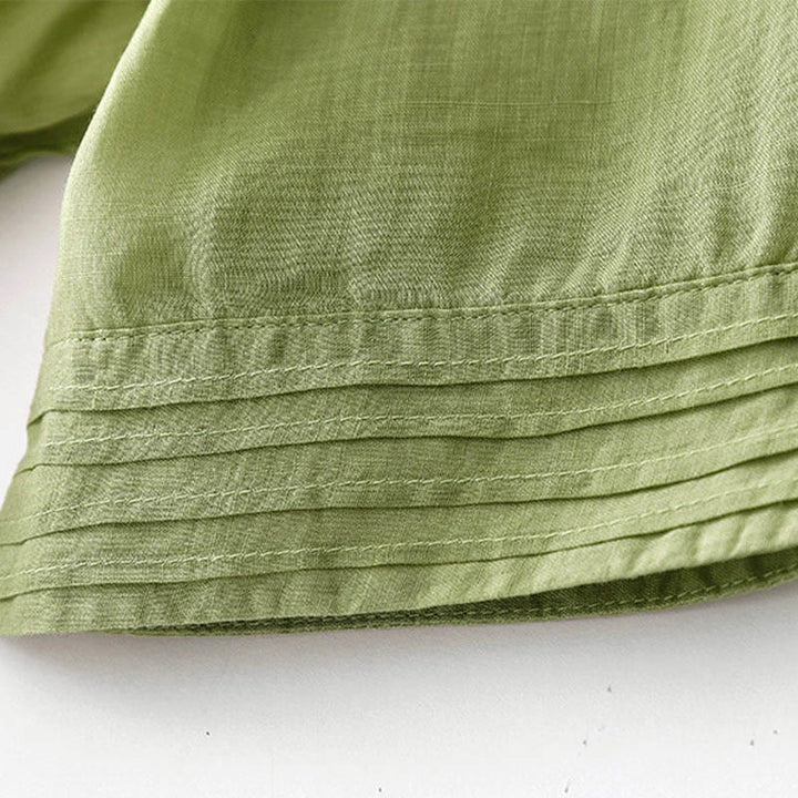 Buddha Stones Casual Accordion Pleat Plain V-neck Short Sleeve Cotton Midi Dress With Pockets - image 19