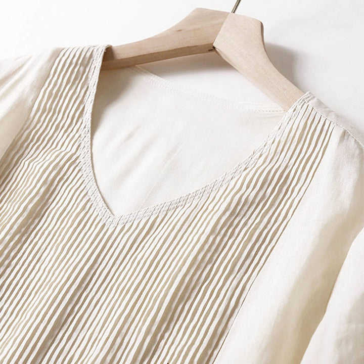 Buddha Stones Casual Accordion Pleat Plain V-neck Short Sleeve Cotton Midi Dress With Pockets - image 35