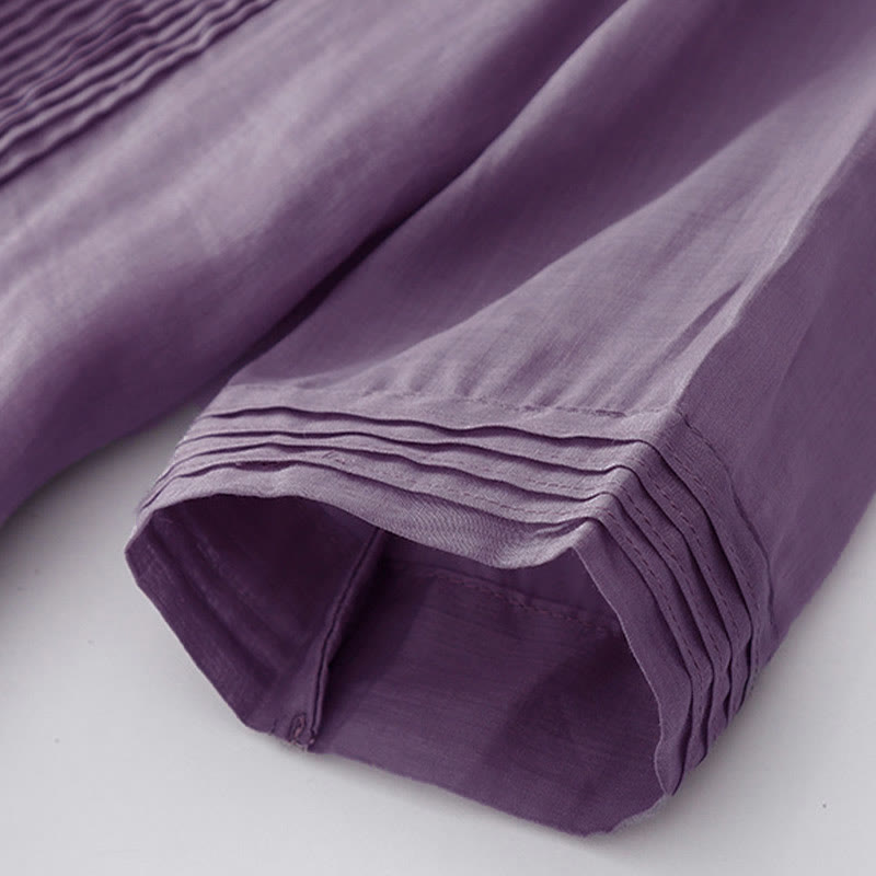 Buddha Stones Casual Accordion Pleat Plain V-neck Short Sleeve Cotton Midi Dress With Pockets - image 9