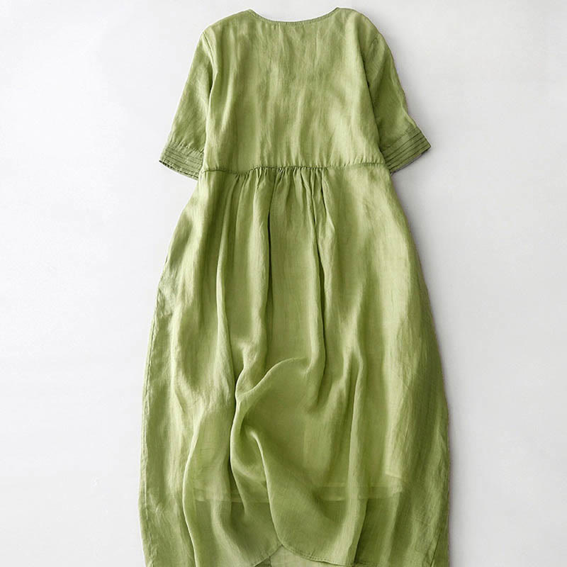 Buddha Stones Casual Accordion Pleat Plain V-neck Short Sleeve Cotton Midi Dress With Pockets - image 13