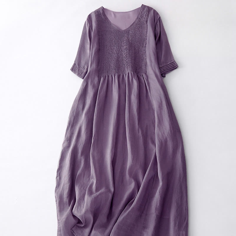 Buddha Stones Casual Accordion Pleat Plain V-neck Short Sleeve Cotton Midi Dress With Pockets - image 4