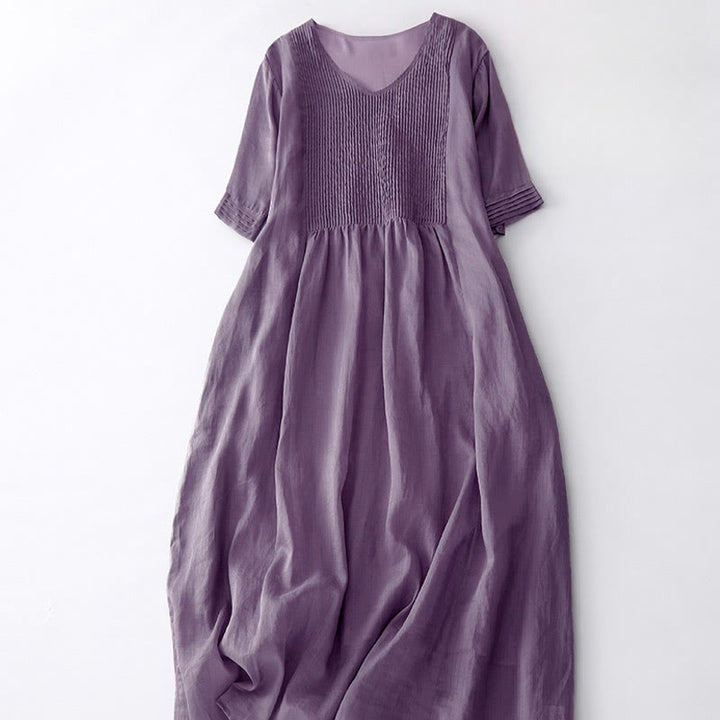 Buddha Stones Casual Accordion Pleat Plain V-neck Short Sleeve Cotton Midi Dress With Pockets - image 4