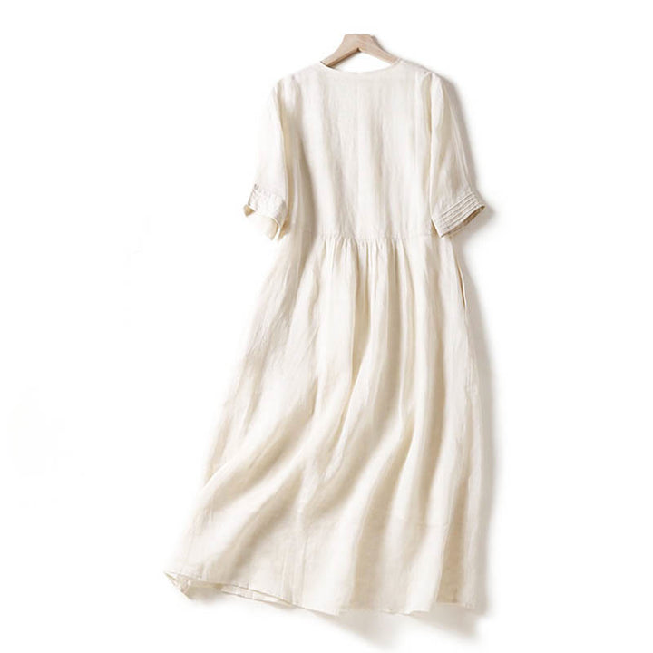 Buddha Stones Casual Accordion Pleat Plain V-neck Short Sleeve Cotton Midi Dress With Pockets - image 31