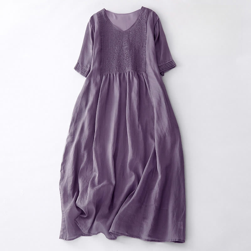 Buddha Stones Casual Accordion Pleat Plain V-neck Short Sleeve Cotton Midi Dress With Pockets - Plum - US14，UK/AU18，EU46 (2XL) - image 2