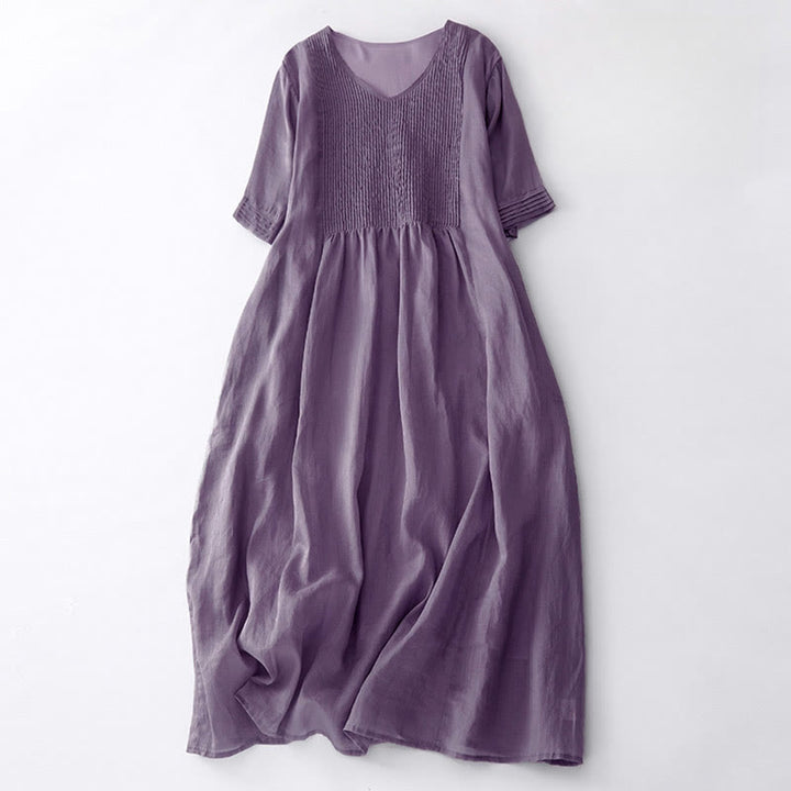Buddha Stones Casual Accordion Pleat Plain V-neck Short Sleeve Cotton Midi Dress With Pockets - Plum - US14，UK/AU18，EU46 (2XL) - image 2