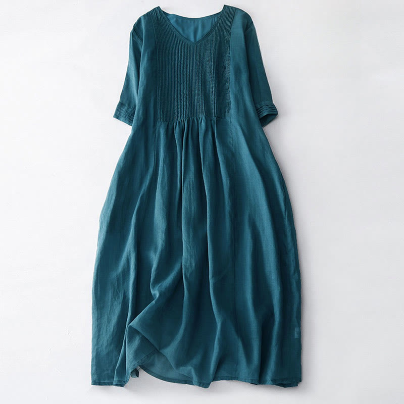 Buddha Stones Casual Accordion Pleat Plain V-neck Short Sleeve Cotton Midi Dress With Pockets - SteelBlue - US14，UK/AU18，EU46 (2XL) - image 37