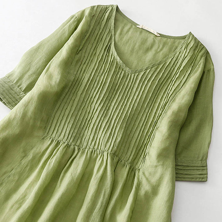 Buddha Stones Casual Accordion Pleat Plain V-neck Short Sleeve Cotton Midi Dress With Pockets - image 17