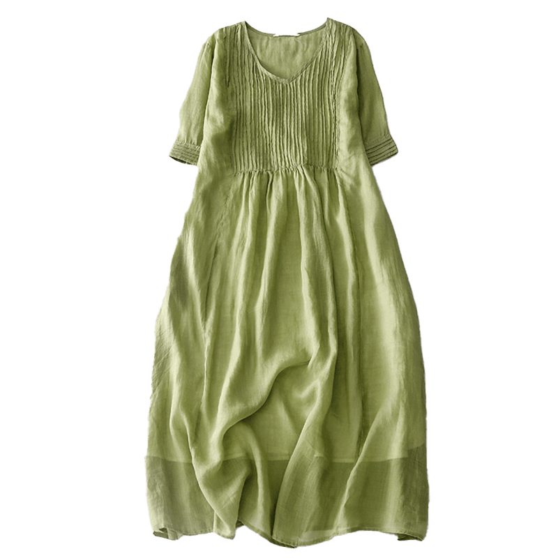Buddha Stones Casual Accordion Pleat Plain V-neck Short Sleeve Cotton Midi Dress With Pockets - image 14