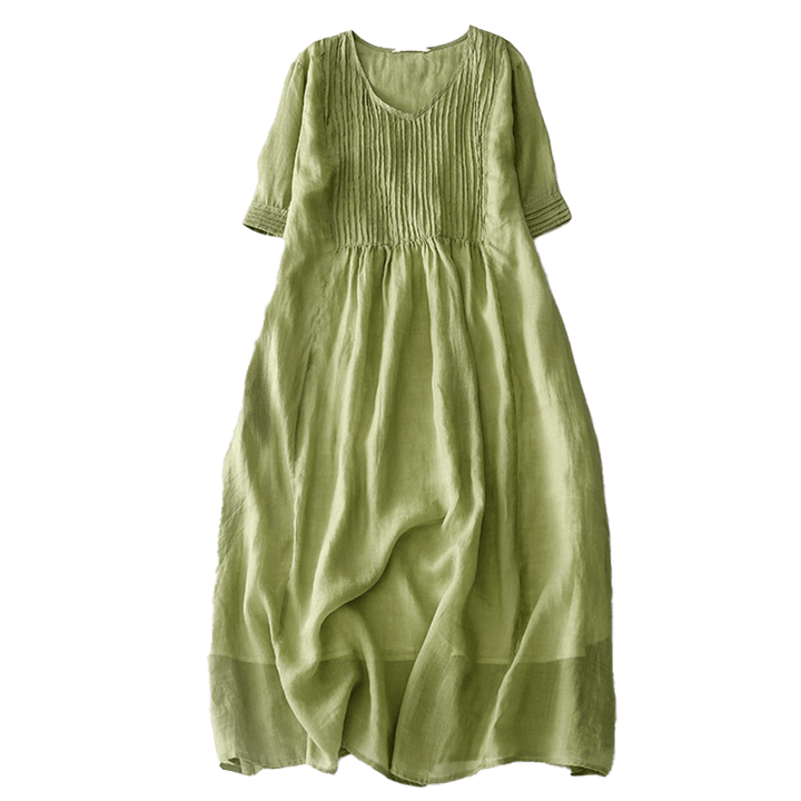 Buddha Stones Casual Accordion Pleat Plain V-neck Short Sleeve Cotton Midi Dress With Pockets - image 14