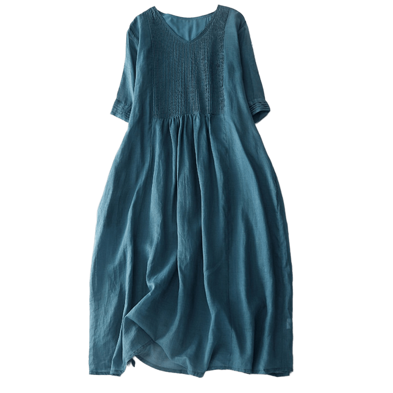 Buddha Stones Casual Accordion Pleat Plain V-neck Short Sleeve Cotton Midi Dress With Pockets - image 38