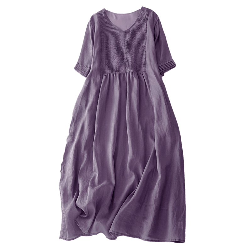 Buddha Stones Casual Accordion Pleat Plain V-neck Short Sleeve Cotton Midi Dress With Pockets - image 6