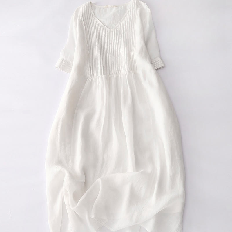 Buddha Stones Casual Accordion Pleat Plain V-neck Short Sleeve Cotton Midi Dress With Pockets - Snow - US14，UK/AU18，EU46 (2XL) - image 45