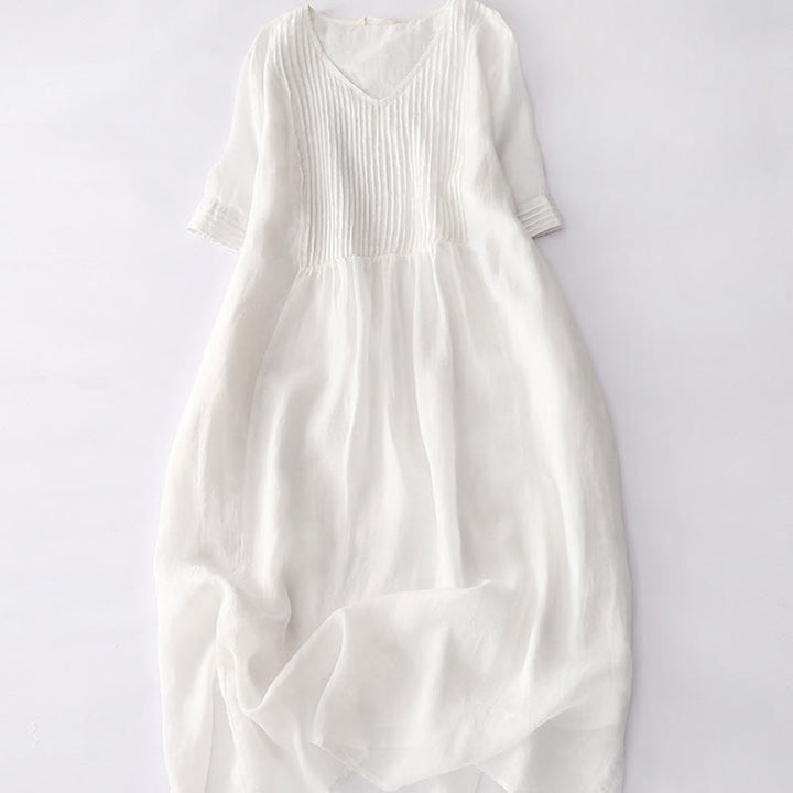 Buddha Stones Casual Accordion Pleat Plain V-neck Short Sleeve Cotton Midi Dress With Pockets - Snow - US14，UK/AU18，EU46 (2XL) - image 45