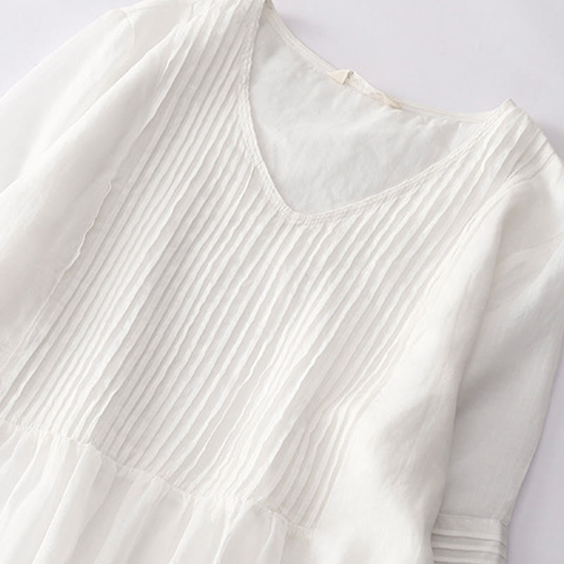 Buddha Stones Casual Accordion Pleat Plain V-neck Short Sleeve Cotton Midi Dress With Pockets - image 47
