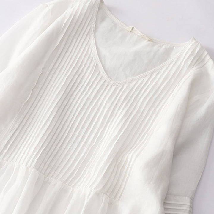 Buddha Stones Casual Accordion Pleat Plain V-neck Short Sleeve Cotton Midi Dress With Pockets - image 47