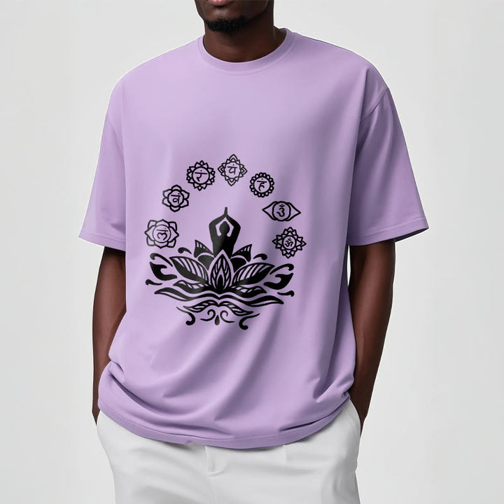 Buddha Stones Casual Meditating Figure Lotus Flower Seven Chakras Pattern Cotton Tee T-Shirt - image 18